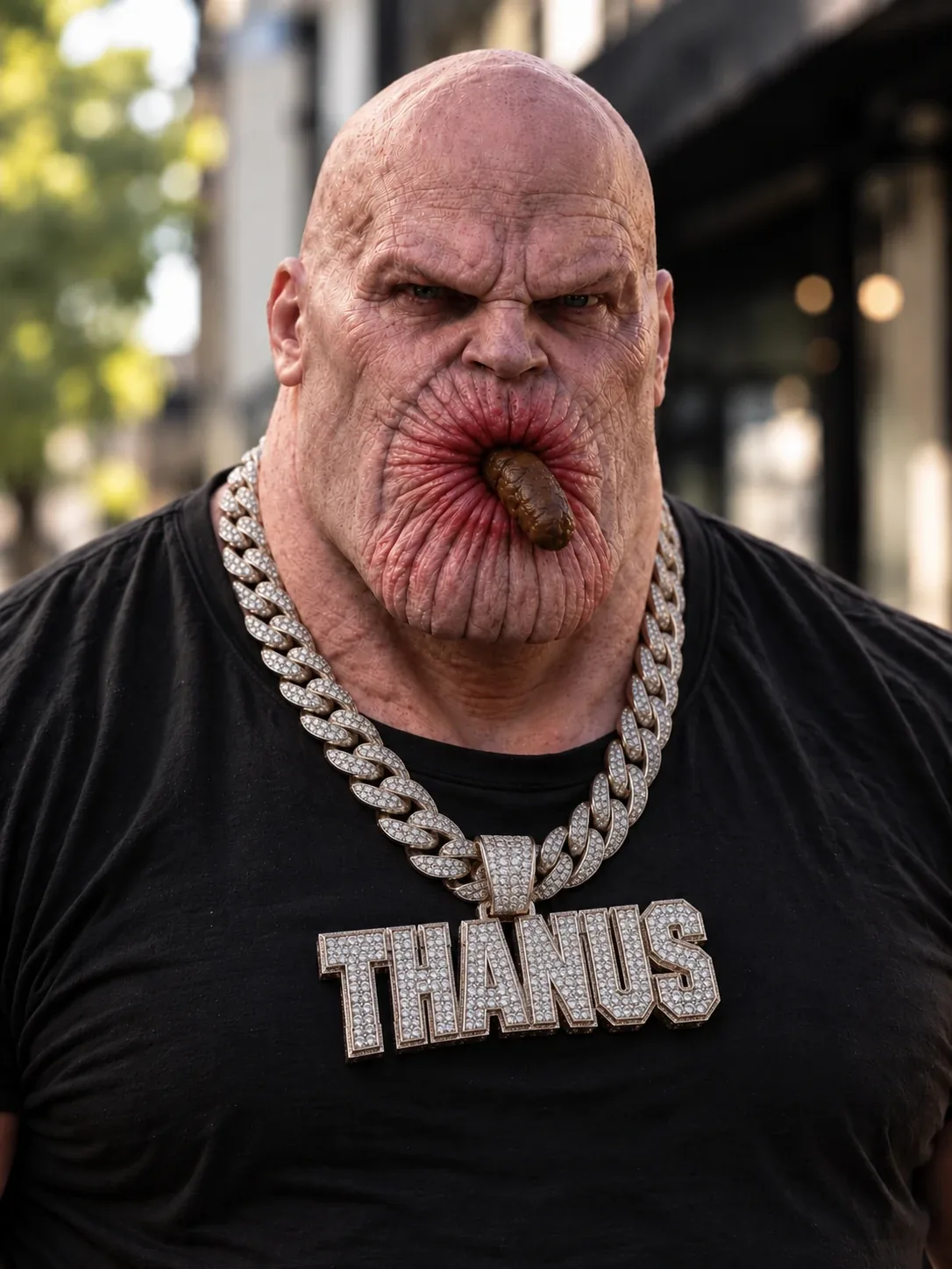 thAnus, His Cheekness: pale and bald, an enormous red mouth, a black t-shirt and a diamond chain that spells THANUS.